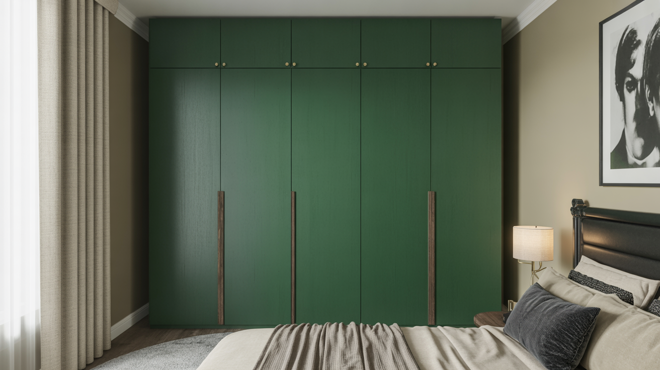 Bold contemporary wardrobe design with matte green finish and loft units