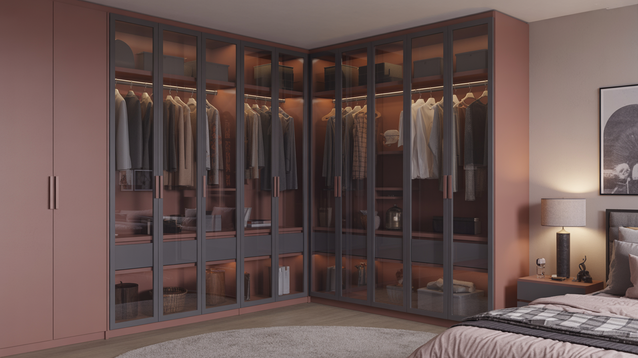 Chic contemporary wardrobe design with tinted glass and warm lighting