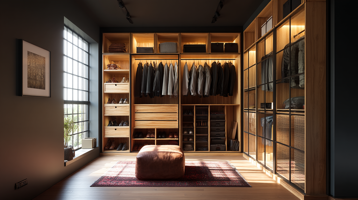 Luxurious contemporary wardrobe design with elegant wooden shelves and lighting