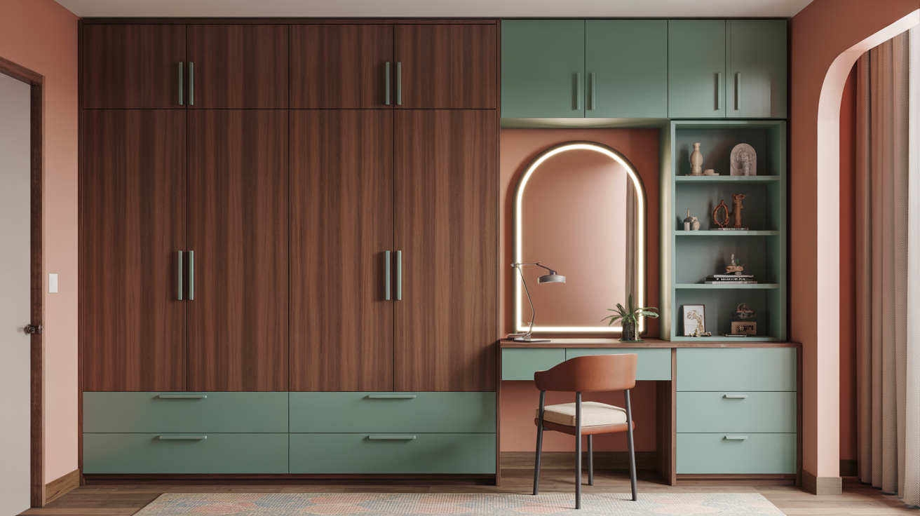 Vibrant modular contemporary wardrobe design with study and open shelves