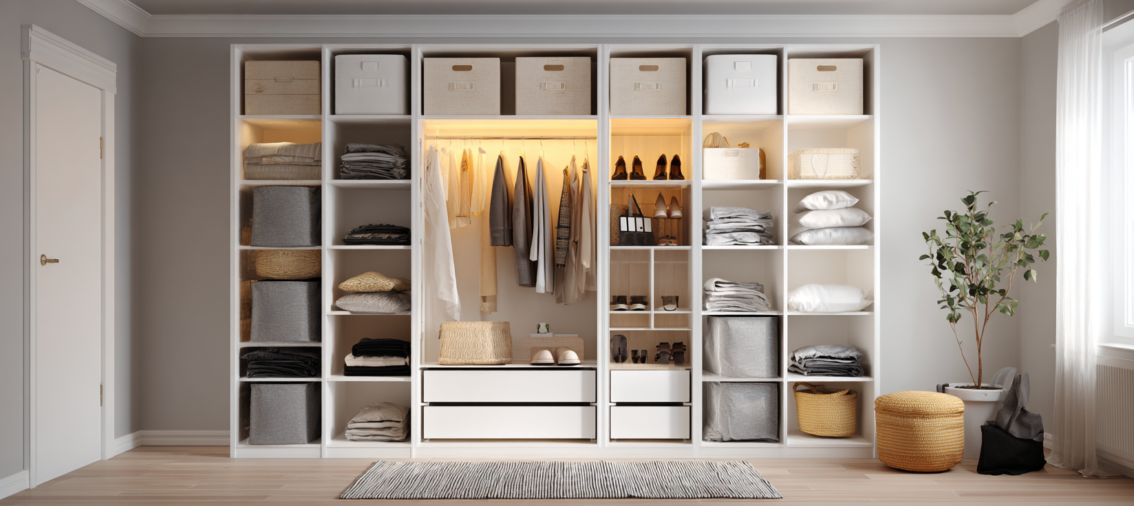 Bright modular contemporary wardrobe design with open storage sections