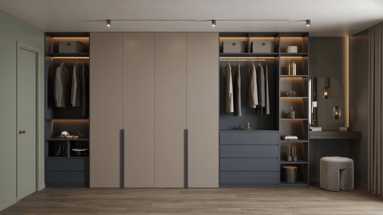 Minimalist modern wardrobe designs for bedroom with matte finish and open storage units