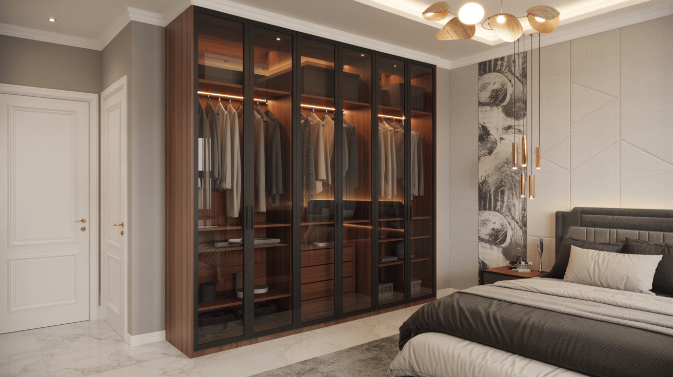 Glass-fronted modern wardrobe designs for bedroom with wooden finish and warm lighting