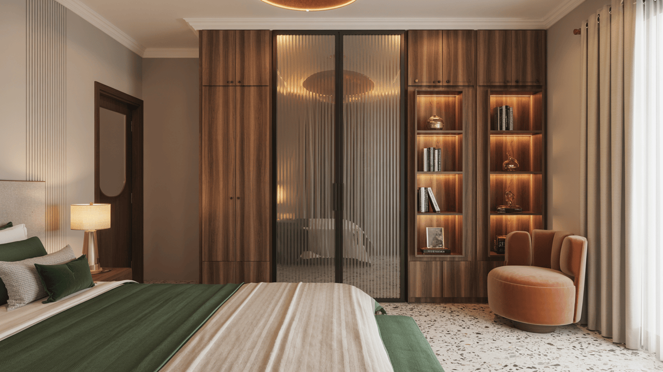 Sophisticated modern wardrobe designs for bedroom with fluted glass and ambient lighting