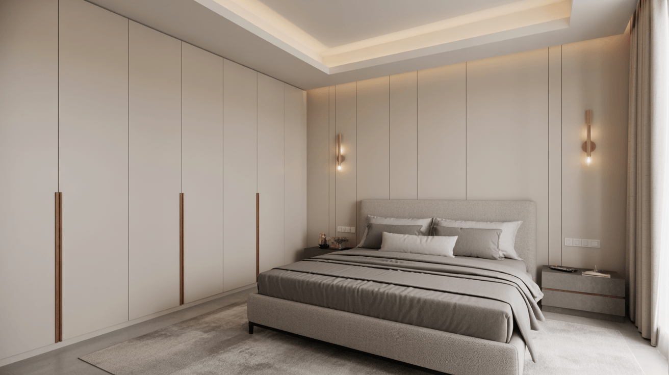 Minimalist modern wardrobe designs for bedroom with floor-to-ceiling matte panel shutters