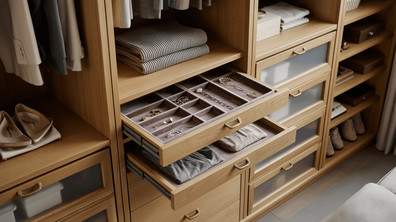 Drawer-focused modern wardrobe designs for bedroom with velvet-lined jewellery organizers