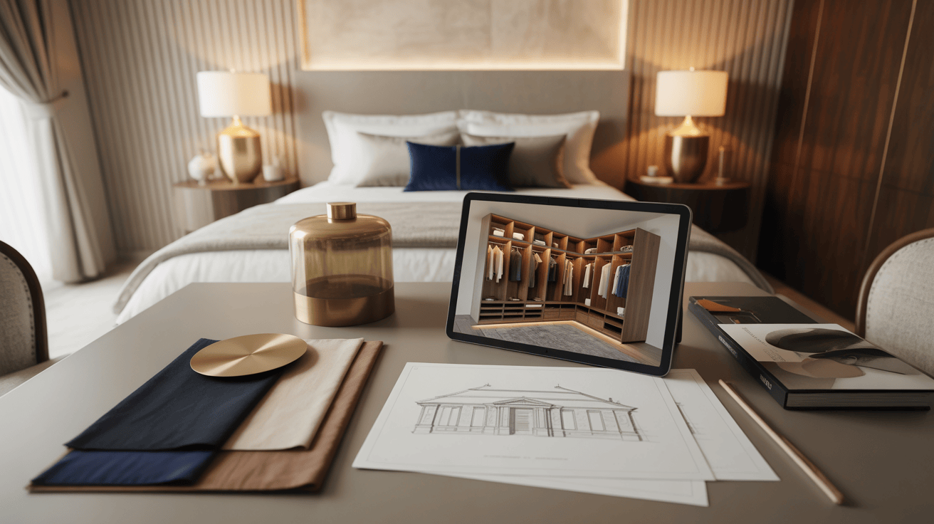 Workspace-inspired modern wardrobe designs for bedroom with 3D layout on digital tablet
