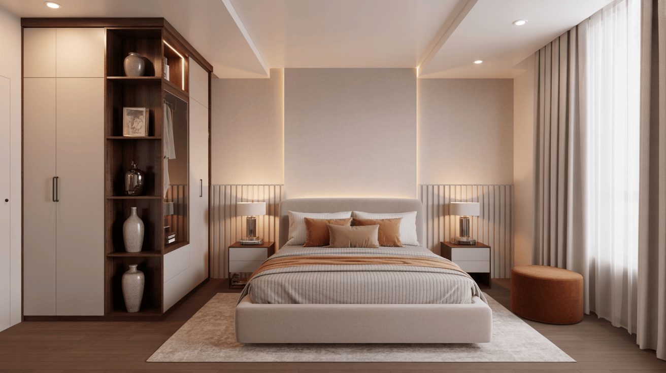 Compact modern wardrobe designs for bedroom with open display shelving and side storage