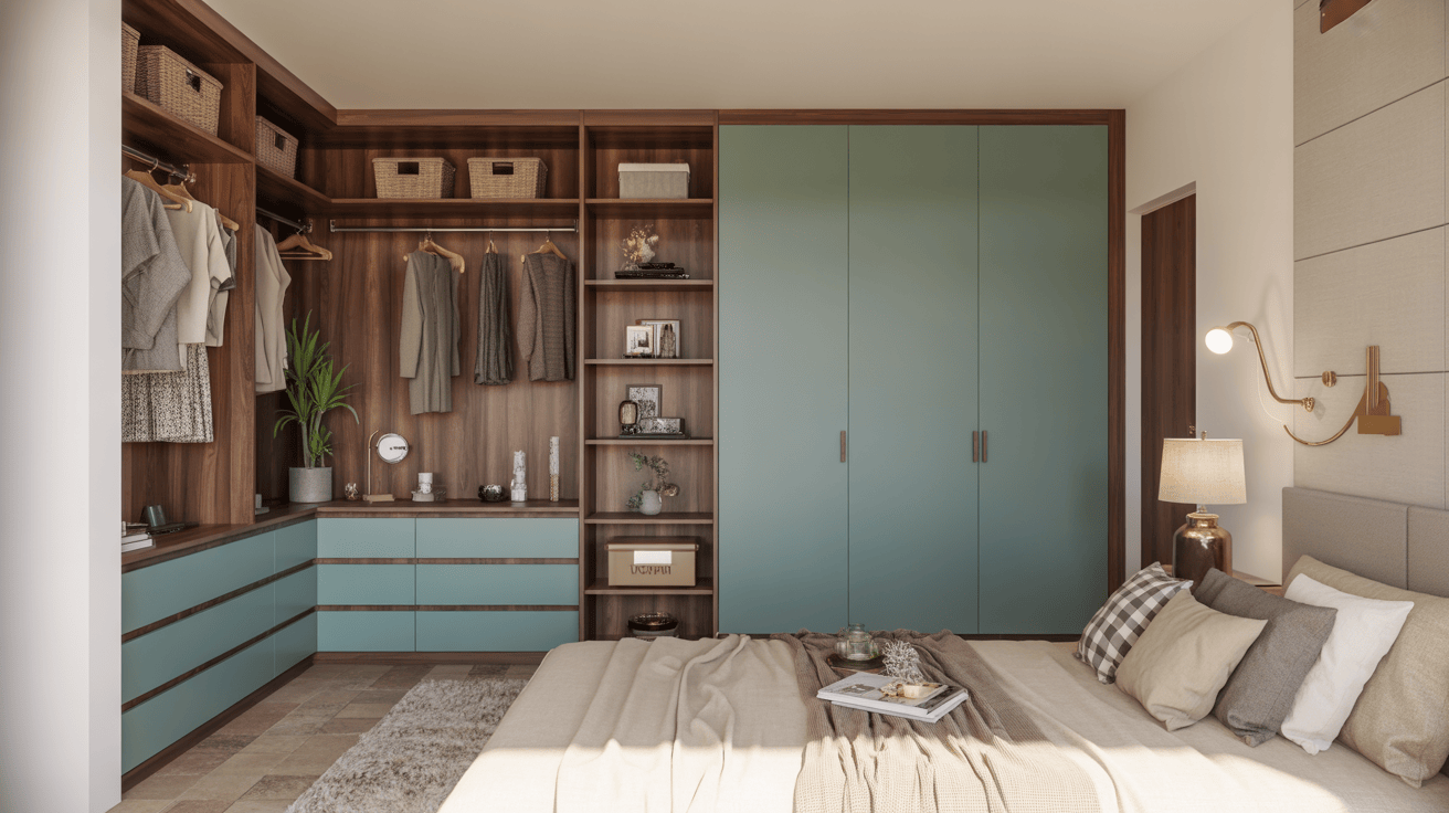 Pastel-themed modern wardrobe designs for bedroom with open shelves and L-shaped drawers