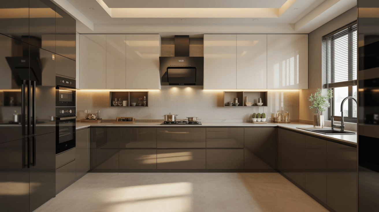 Glossy kitchen wardrobe design with handle-less cabinets and underlit open shelf sections