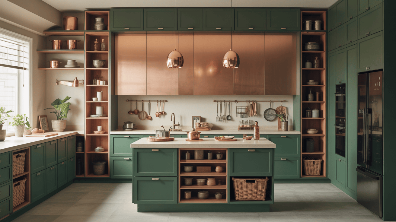 Luxurious kitchen wardrobe design in forest green and copper with open wicker storage