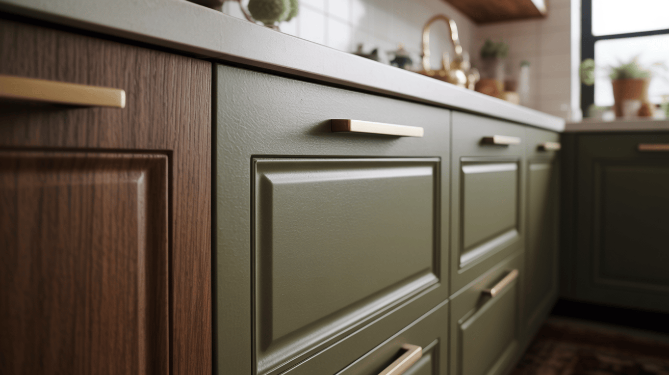 Close-up kitchen wardrobe design in olive green and walnut with gold handles and texture