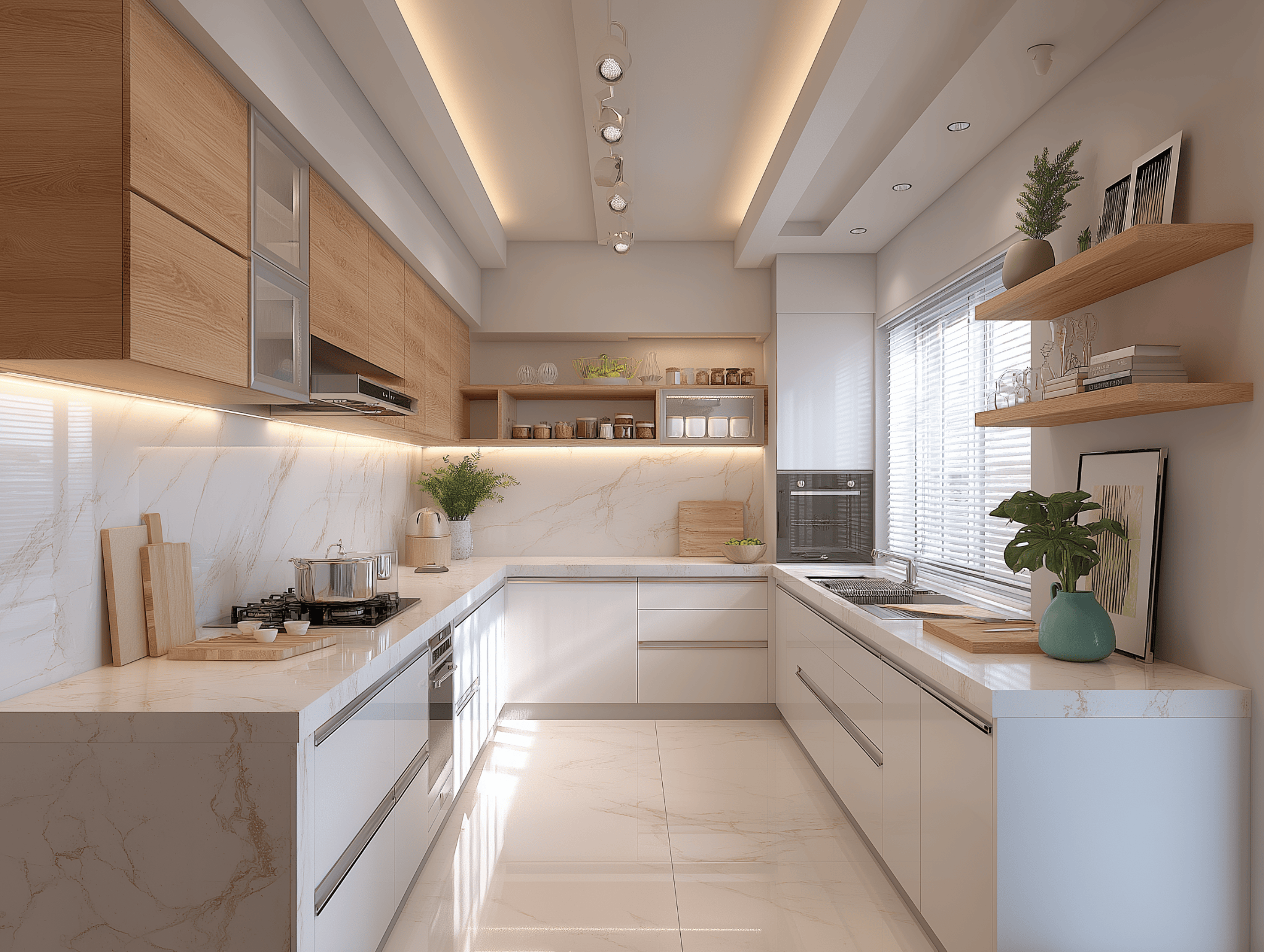Minimalist kitchen wardrobe design in wood and white with marble backsplash and soft lighting