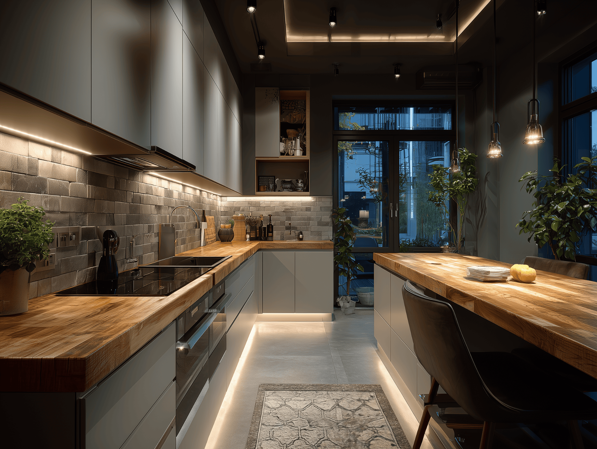 Warm-lit kitchen wardrobe design with wooden countertop and dark matte cabinets for elegance