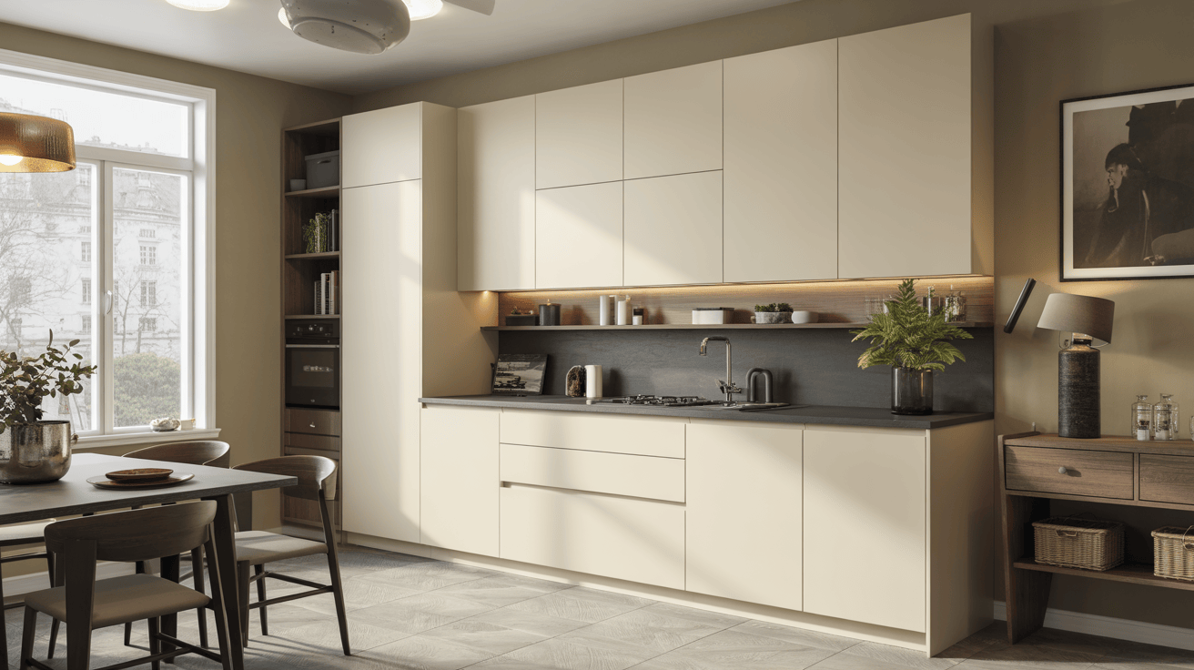 Minimalist kitchen wardrobe design in cream finish with hidden handles and open shelving