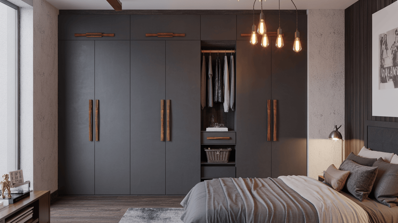 Modern wardrobe long handle design in matte and wood contrast