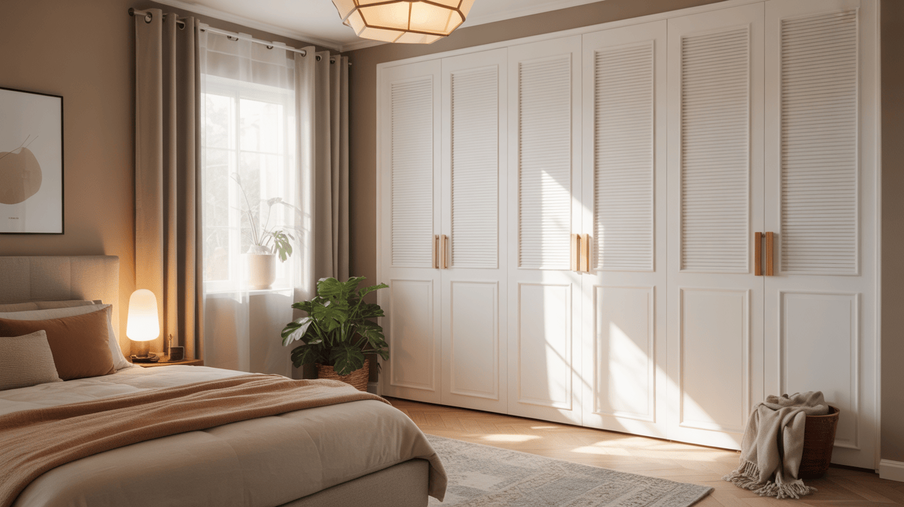 Elegant wardrobe wooden handle design on classic white shutters