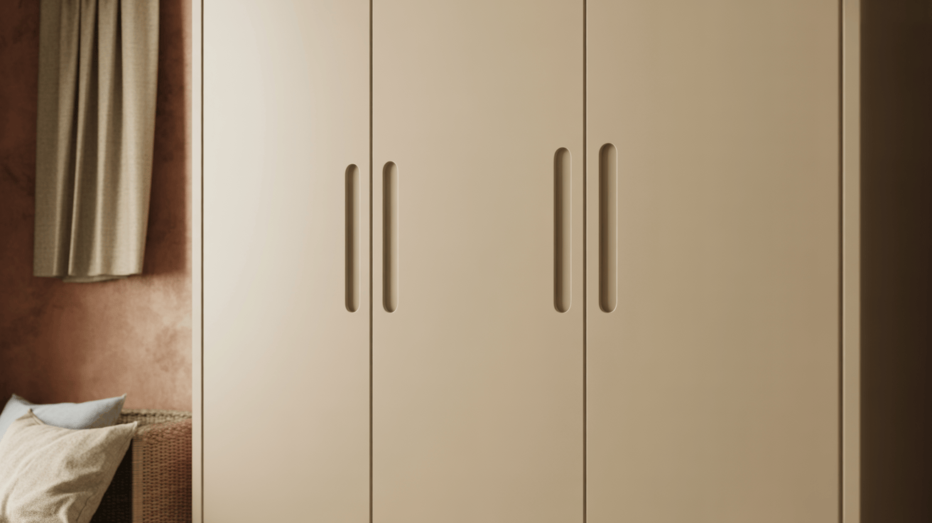 Minimal wardrobe handle design on matte beige doors for a sleek look