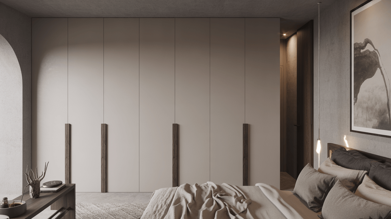 Minimalist wardrobe long handle design in matte wood tone panels