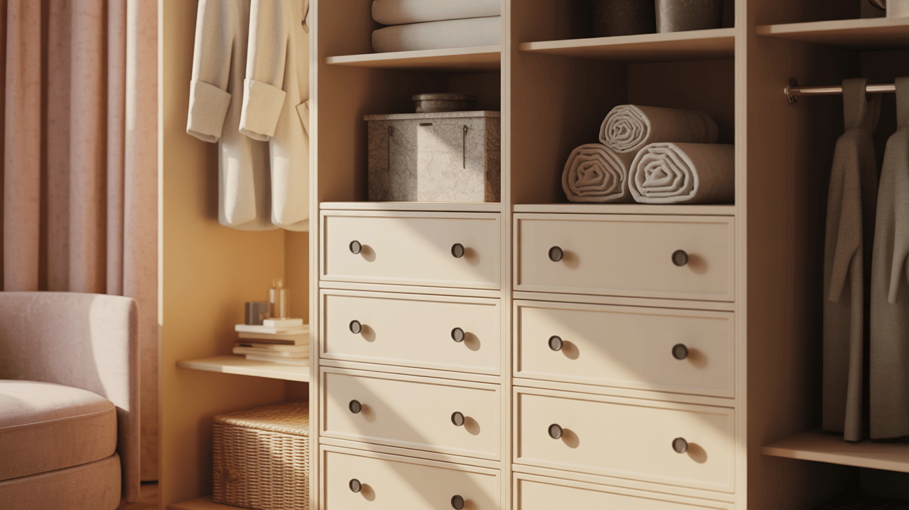 Classic wardrobe drawer handle design with minimal black round knobs