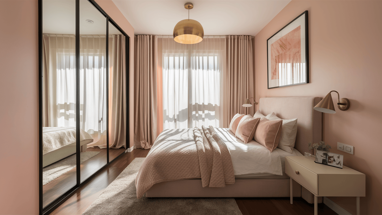 Elegant 2 door sliding wardrobe designs with mirror in soft pink bedroom