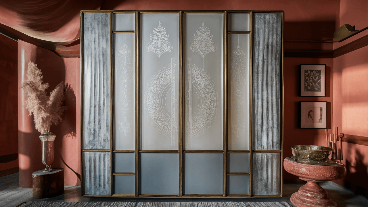 Artistic mirror wardrobe design with golden frame and etched patterns