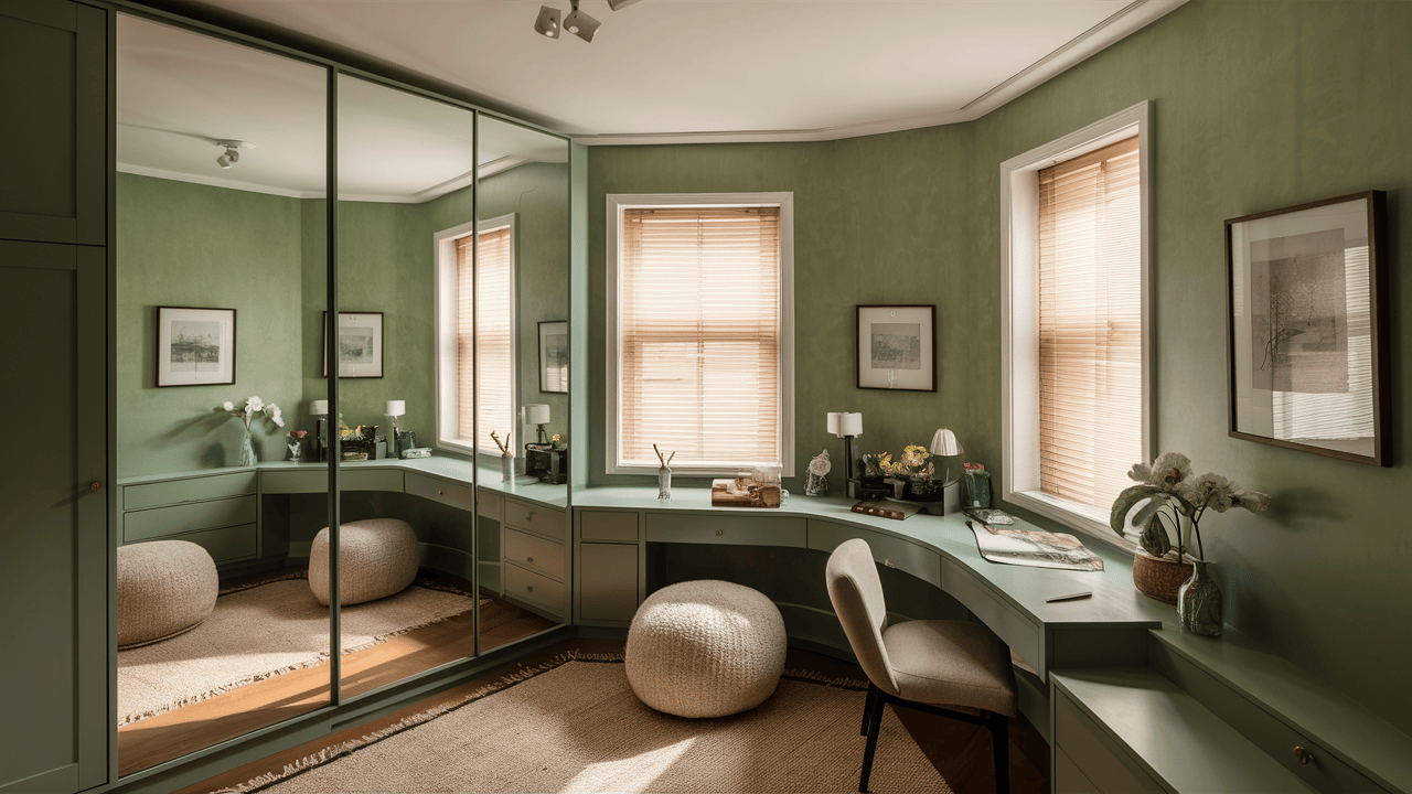 Stylish l shape wardrobe design with mirror in soft green dressing room