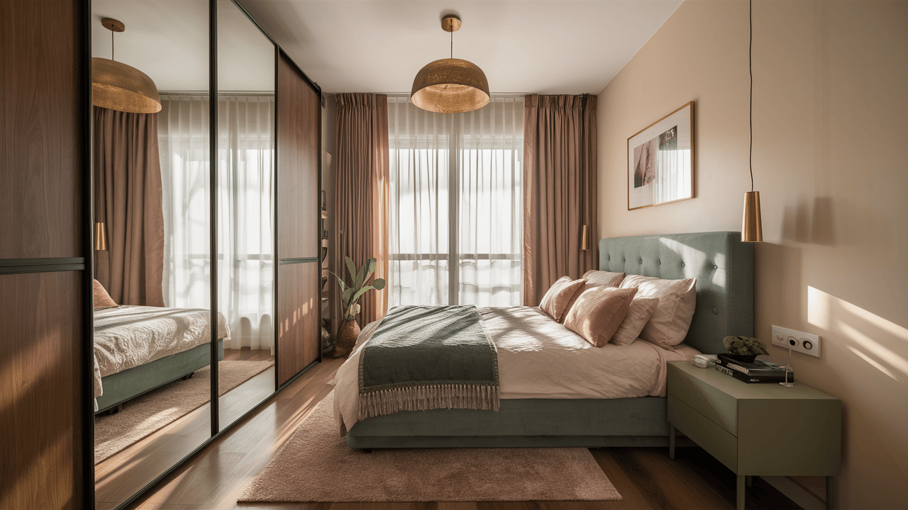 Stylish mirror wardrobe design adds charm to elegant master bedroom