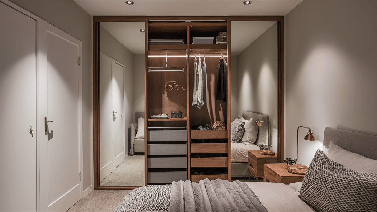 Stylish mirror wardrobe design with wooden frame and open shelves