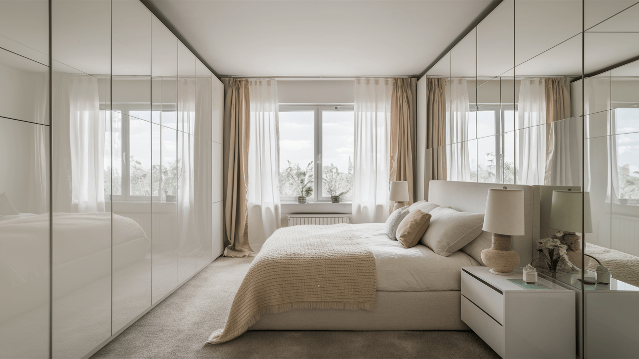 White mirror wardrobe design suits contemporary cozy bedroom look