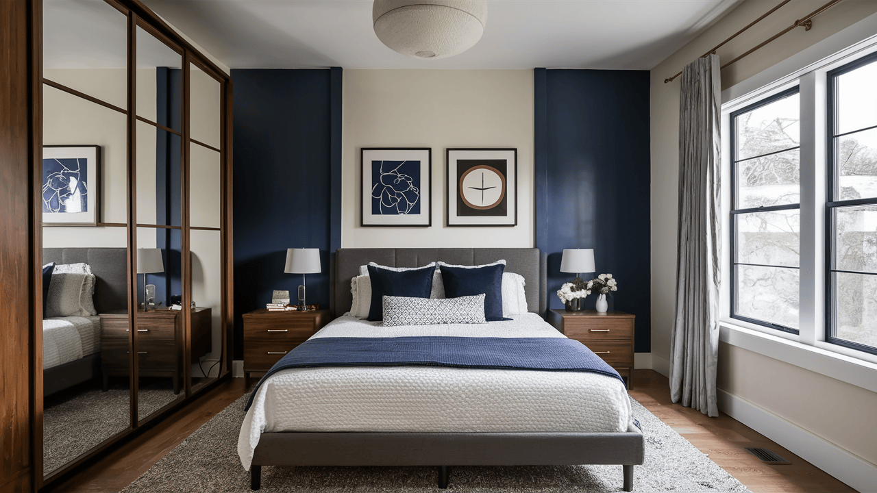 Minimal wardrobe design for bedroom with mirror sliding doors