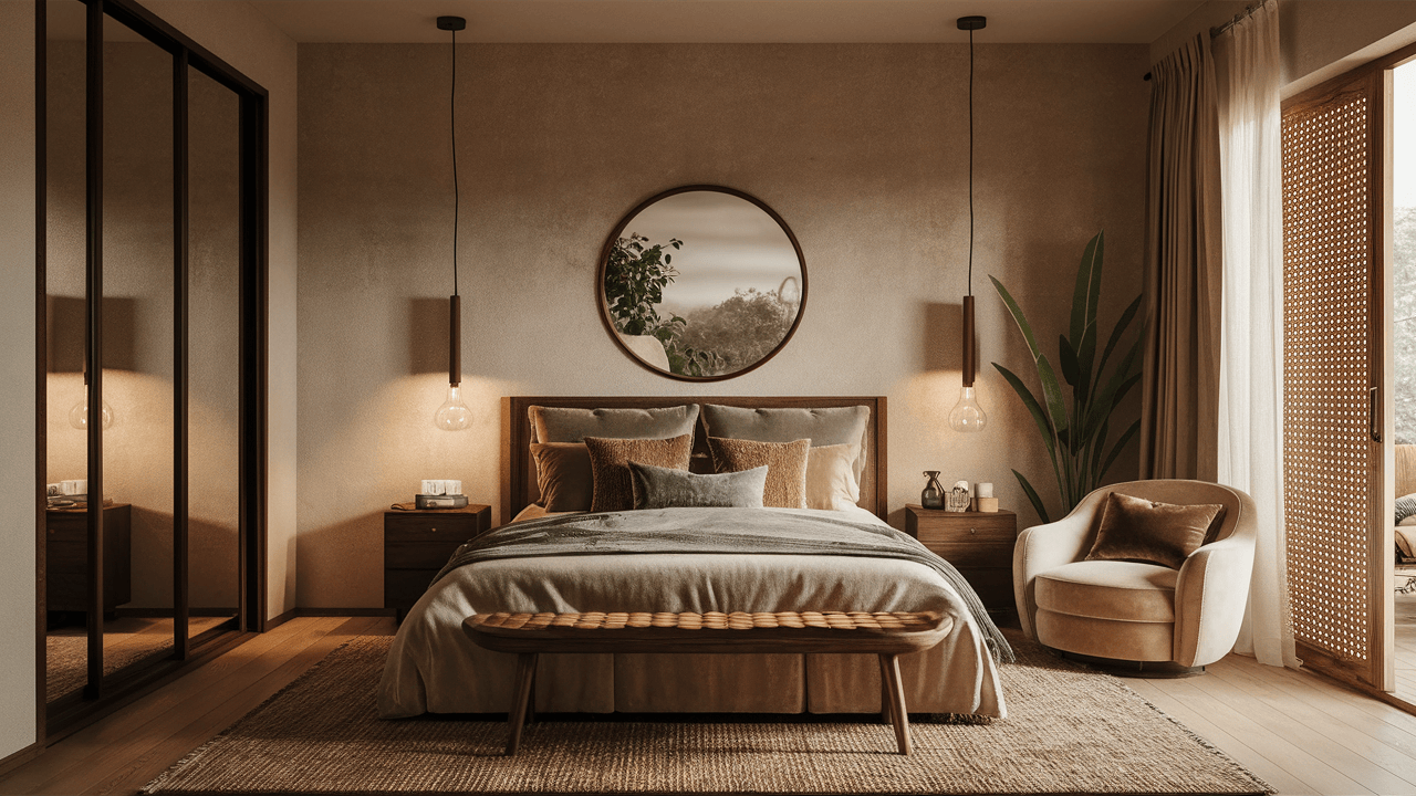 Wooden sliding wardrobe design with mirror in warm-toned luxury bedroom