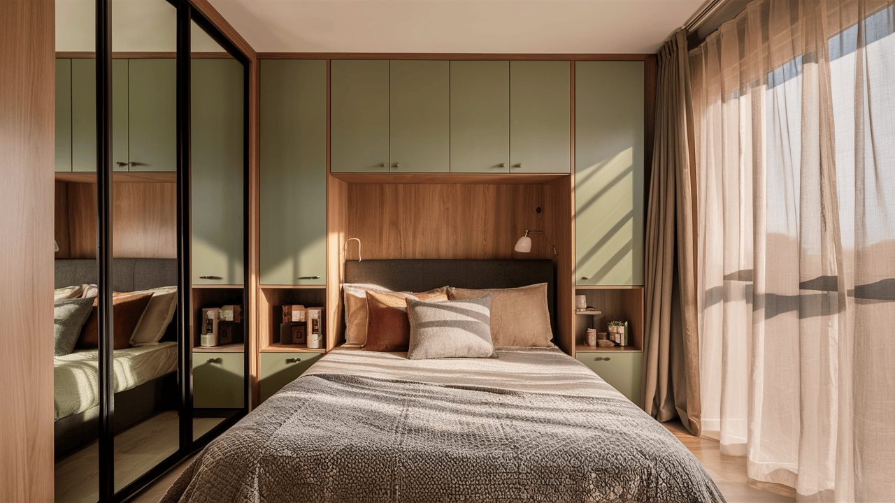 Compact bedroom wardrobe design with green cabinets, loft storage, and mirrored doors