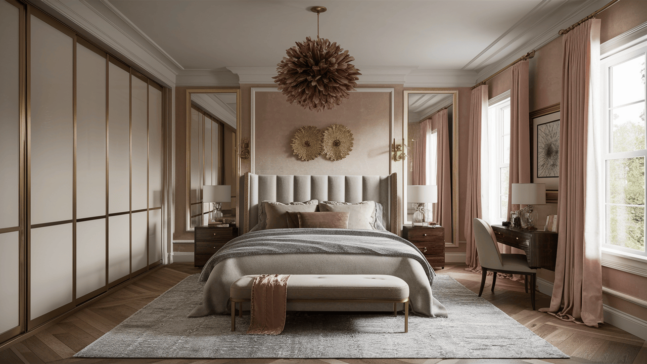 Elegant bedroom wardrobe design with sliding doors and mirrored dressing accents