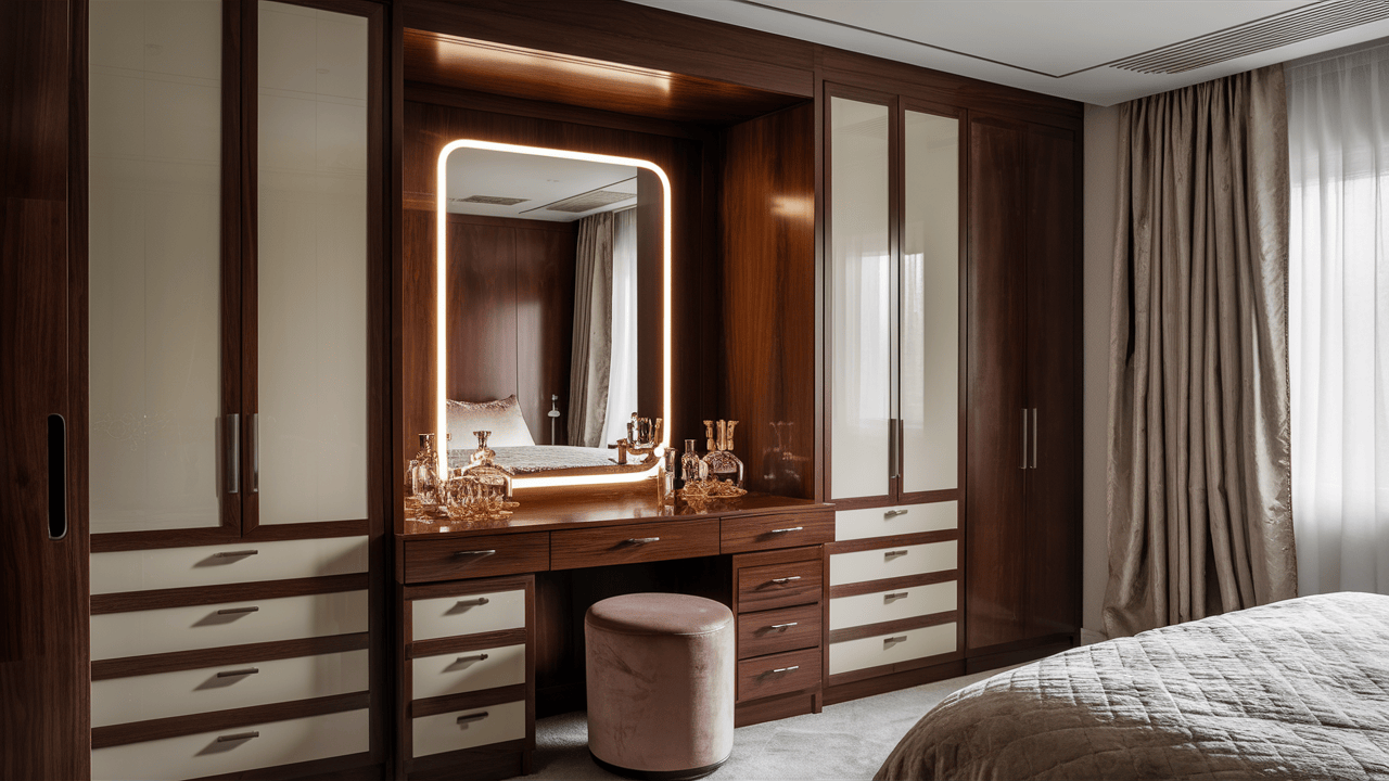 Elegant bedroom wardrobe design with wooden finish and mirrored dressing table unit