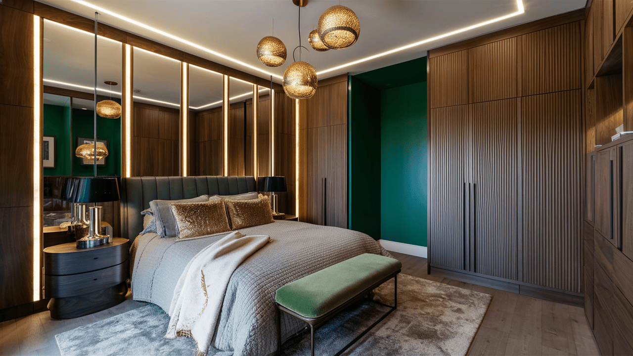 Luxury bedroom wardrobe design with wooden panels and warm integrated LED lighting