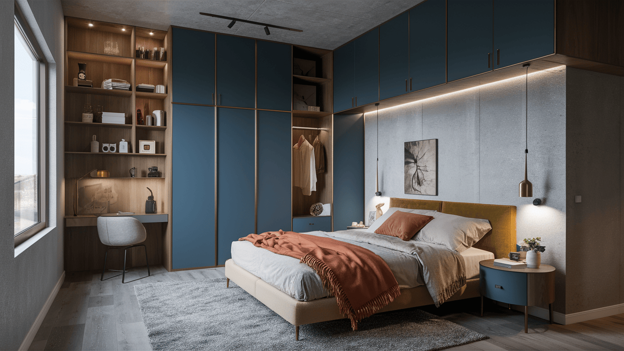 Contemporary bedroom wardrobe design with blue cabinets, loft storage, and study nook