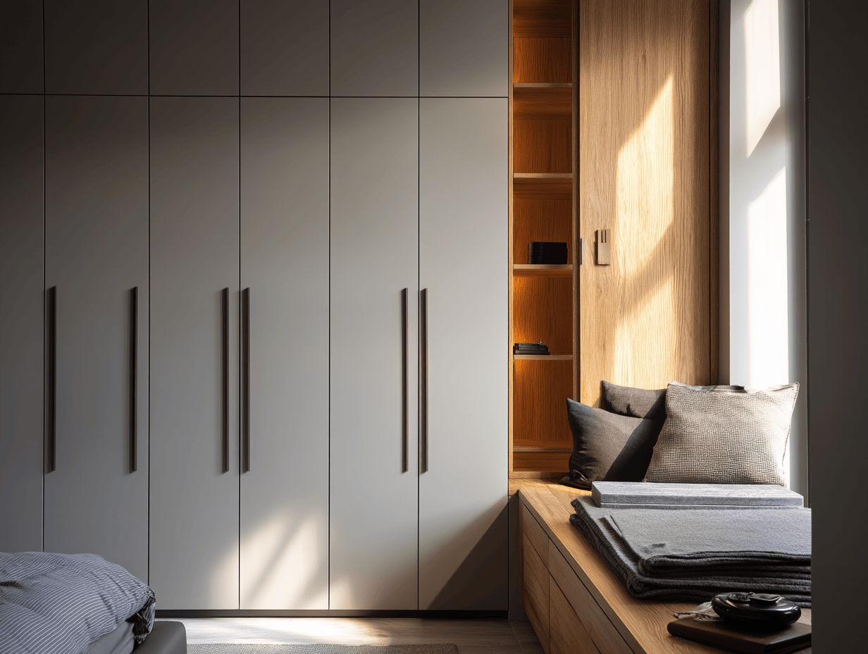 Minimalist bedroom wardrobe design with matte grey panels and cosy window seating