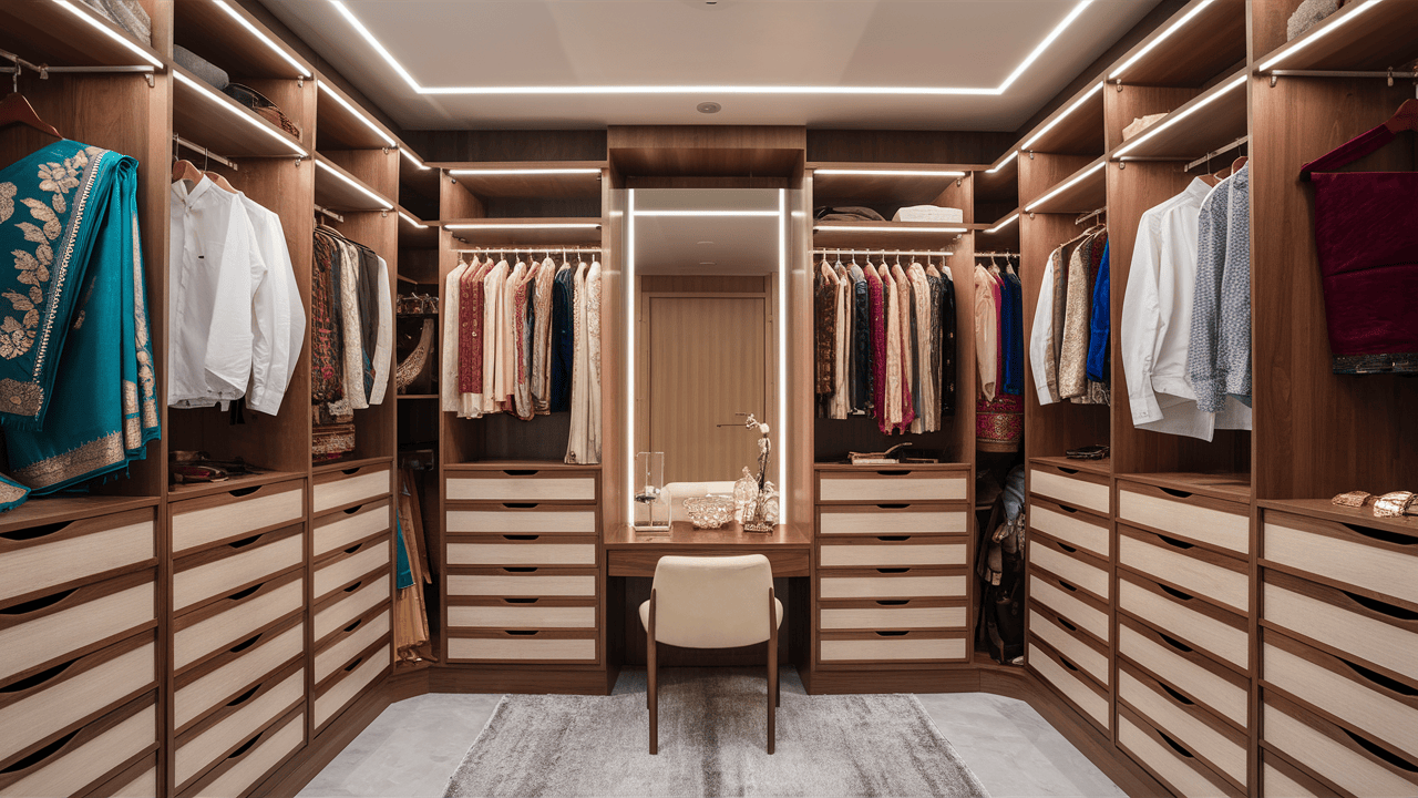 Spacious bedroom wardrobe design with open wooden shelves and central dressing table