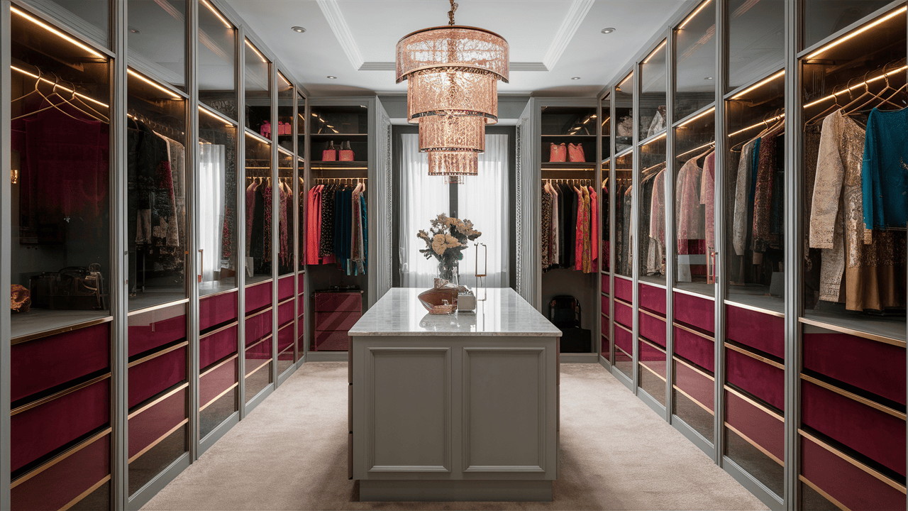 Opulent bedroom wardrobe design with glass doors, velvet drawers, and chandelier