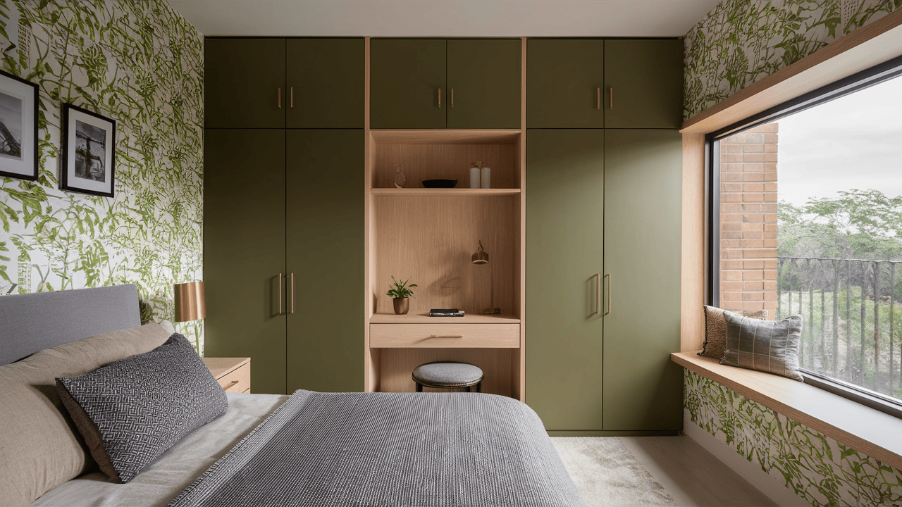 Compact bedroom wardrobe design with olive green cabinets and built-in study nook