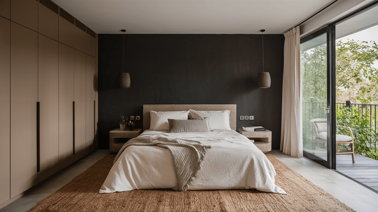Minimalist bedroom wardrobe design with matte beige panels and sleek modern handles