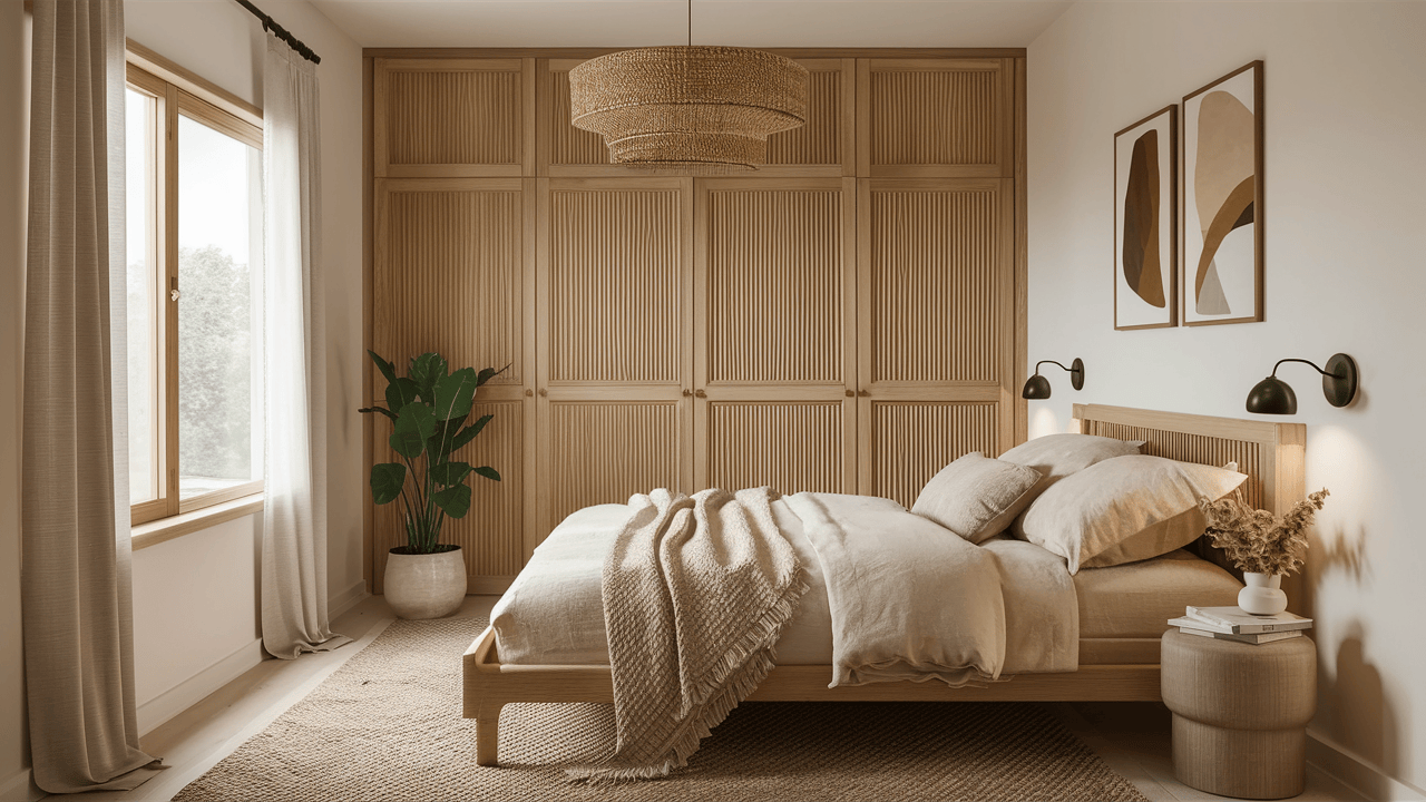 Minimalist bedroom wardrobe design with light wood panels in a serene neutral space