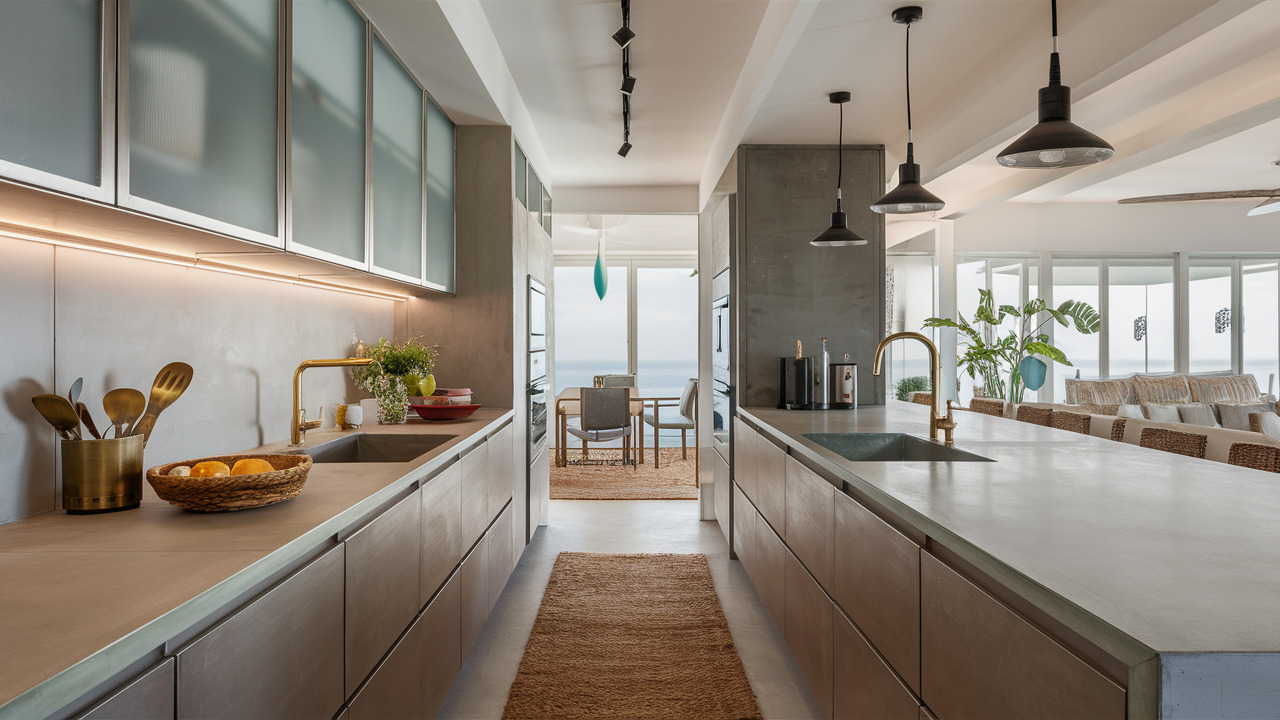 Sleek modern kitchen furniture design with dual islands and ocean-view dining space