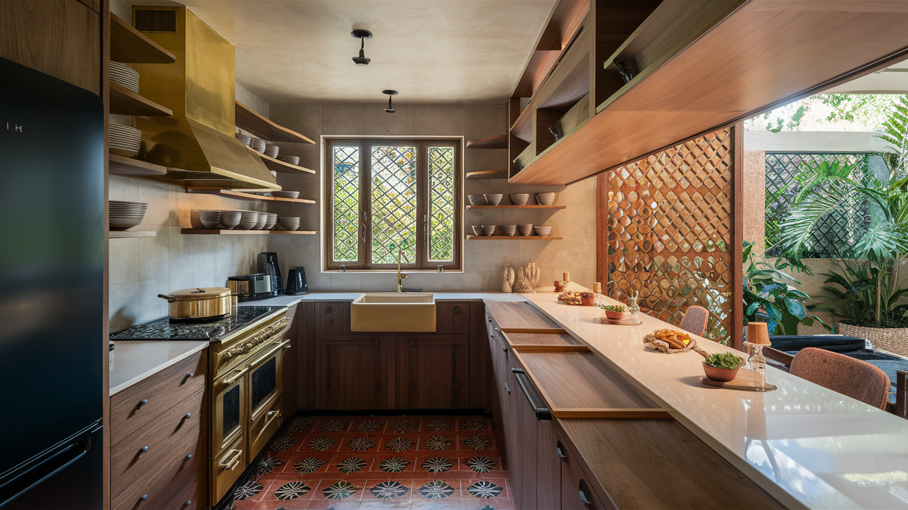 Rustic kitchen furniture design with golden accents, open shelves, and patterned floor tiles