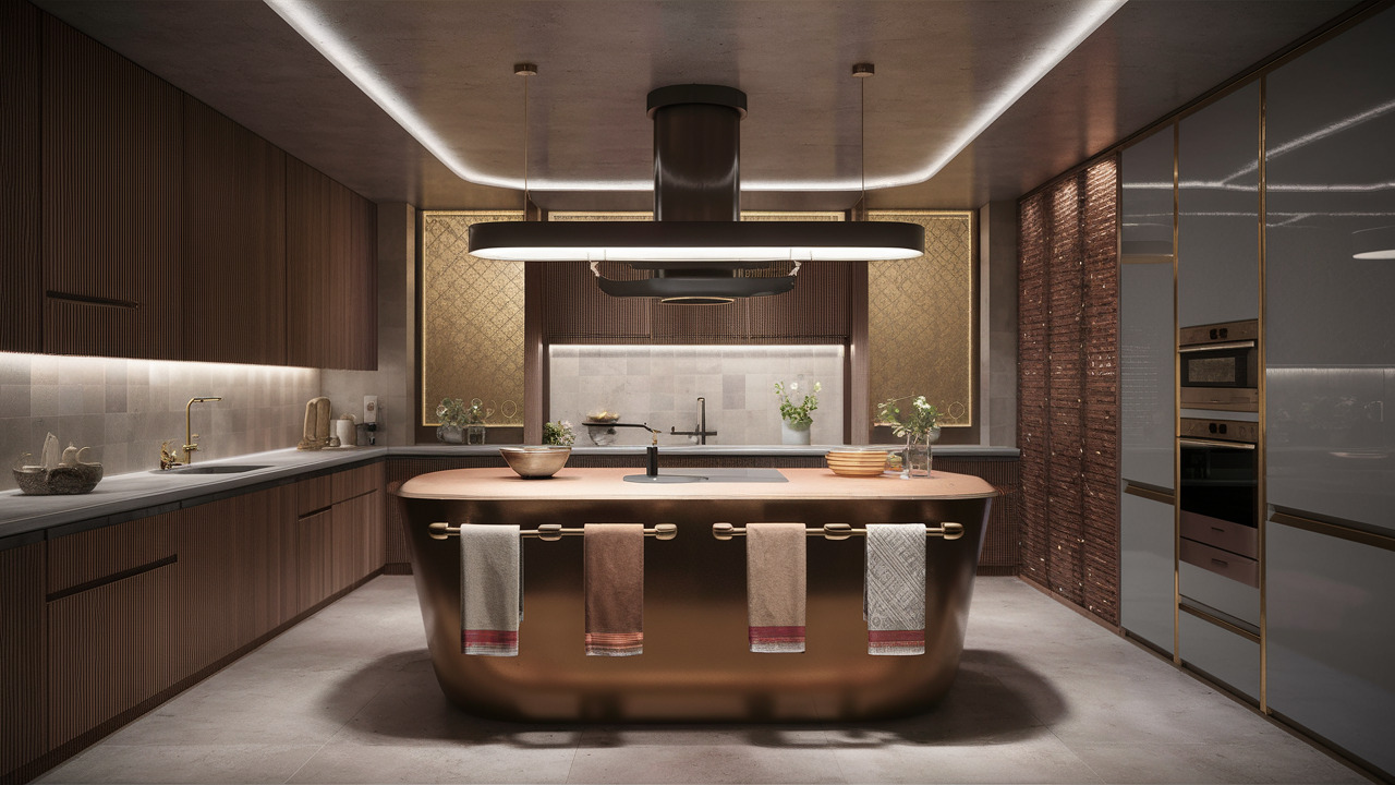 Luxurious modern kitchen with bronze island, gold accents, and warm ambient lighting