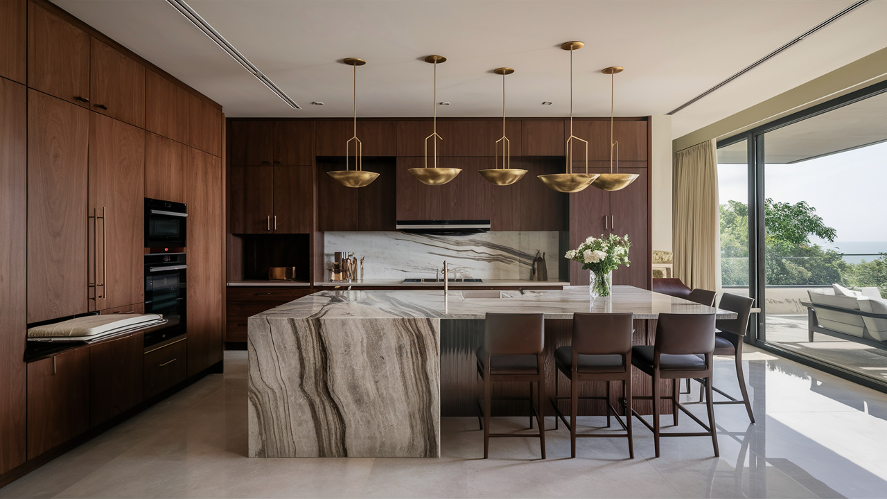 Luxurious kitchen furniture design with dark wood cabinets and marble waterfall island