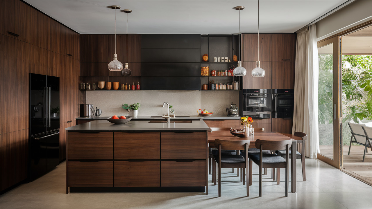Modern kitchen furniture design with dark wood cabinets and integrated dining island