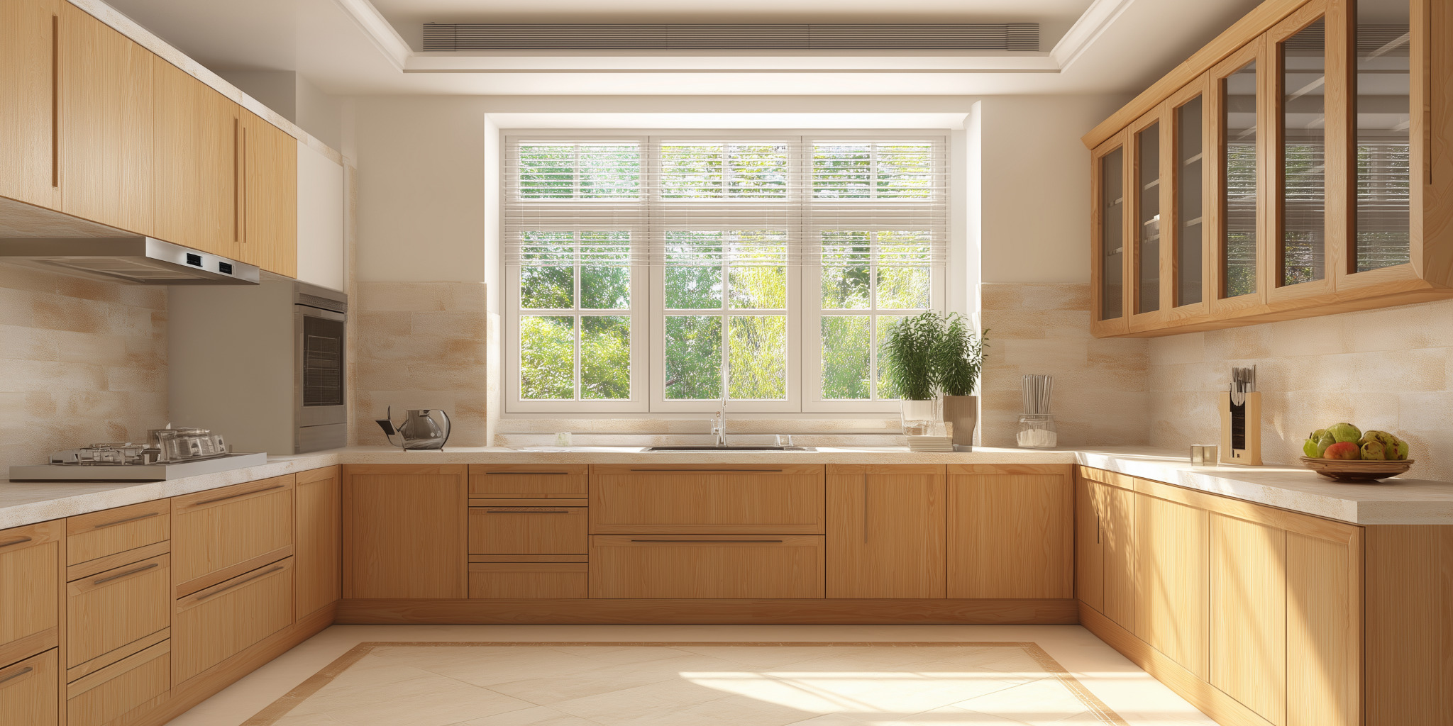 Bright wooden kitchen furniture design with natural light and glass-front upper cabinets