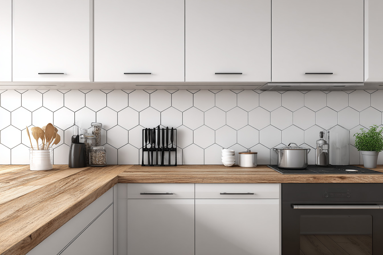 Minimalist kitchen furniture design with white cabinets and wooden countertop finish